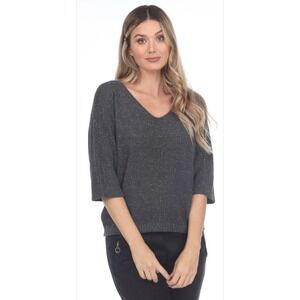 Flora Ashley Womens XL Charcoal Silver Metallic Shimmer Dolman V-Neck Sweater